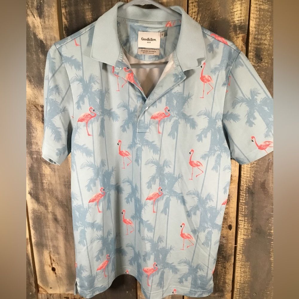 Goodfellow polo shirt flamingos and palm trees men’s medium